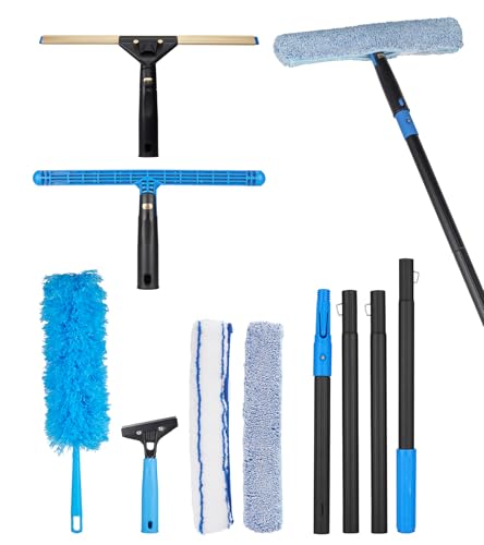 Image of Swivel Squeegee Kit with 4 Extension Poles,Glass Scraper, Bendable Duster, 2 Window Scrubber Cloth for Glass, Car, Floor, Home,Garden