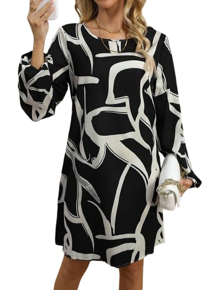 Women's Abstract Print Shift Dress, Long Sleeve, Black and White, Knee Length-picture-56
