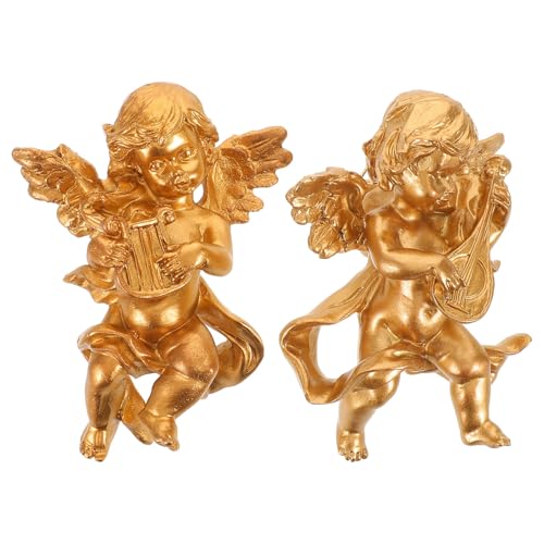 Gatuida Lot de 2 Anges chérubins dorés : décoration Murale en résine représentant des Anges ailés - Figurines de Cupidon à Suspendre, Sculptures Artisanales, Ornement Vintage pour la