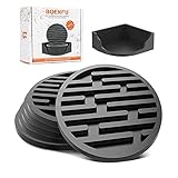 Coasters for Drinks Absorbent with Holder, Modern Coasters, Office Desk Coasters, Beverage Coasters, Silicone Coasters for Any Table Type, Non-Stick, Non-Slip, Dishwasher Safe, Black, 6 Pack