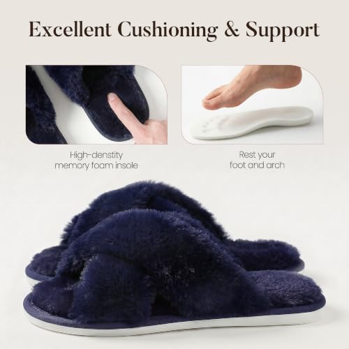 Image of Ankis Memory Foam Fuzzy Slippers for Women,Open Toe House Shoes | Faux Fur Cross Band,Indoor Outdoor Slippers, Anti-Slip, Comfy, Cozy, Fluffy, Gifts for Women, Mom Bride Bridesmaids