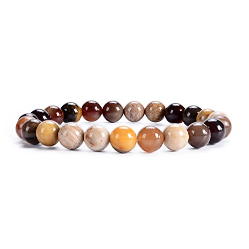 Cherry Tree Collection Natural Semi Precious Gemstone Beaded Stretch Bracelet 8Mm Round Beads 7" (Wood Opalite) #TOP17
