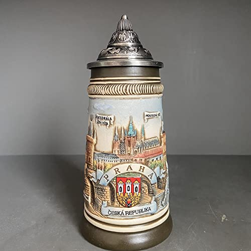 Caneca de cerveja alemã brasões Stanley Viking Tankard Castelo de Praga com tampa Petwer 0,6 litros