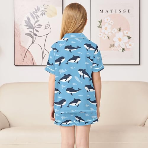 Cartoon Killer Whale Style Summer Satin Pajama Set, Cute Button-Down Sleepwear Pj Set for Sleep Wears4