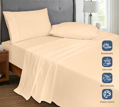 Image of Royale Linens 100% Organic Cotton King Flat Sheet Only - Super Soft - Percale Top Sheets - King Flat Sheet Sold Separately - Breathable, Cool & Crisp Sheets Only (105 inch x 102 inch, Sand)