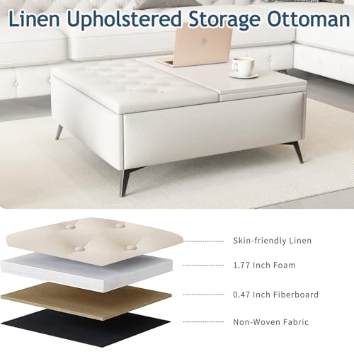 ivoros 35\" Large Square Storage Ottoman, Tufted Upholstered Coffee Table Ottoman with Storage, Oversized Square Storage Ottomans Coffee Tables for Living Room, Bedroom (Beige) - Thumbnail 3