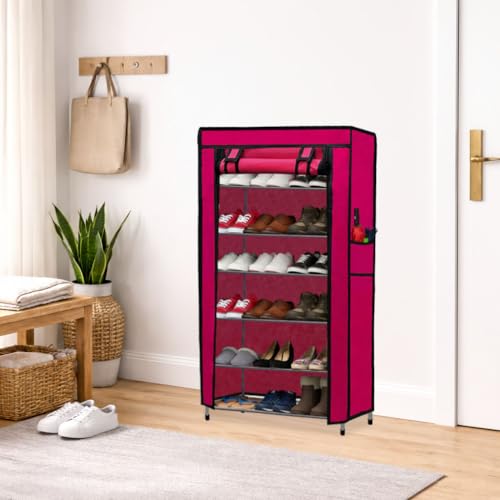 Image of Metal Shoe Stand with Cover, 6 Tier Shoe Organizer for Home & Office - Pink