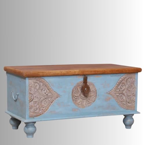 Image of Devin Wooden Trunk Box for Storage | Solid Wood Coffee Table for Living Room | Center Coffee Table with Storage | Front Wooden Carved Sandook Pitara for Home Decor & Bedroom (Blue Distress)