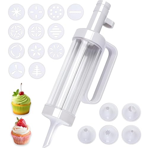 Syringe para decorar bolos, kit de decoração para substituição com 6 boquilhas e 12 moldes | máquina de fazer bolachas e Syringe para glacear | Conjunto de ferramentas para decorar bolos e sobremesas