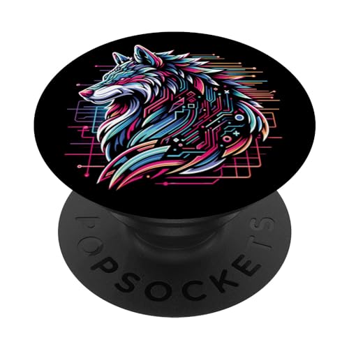 Cyberpunk Wolf Dog Vaporwave Style, vívido y retro de la era de los 80 y 90 PopSockets PopGrip Intercambiable