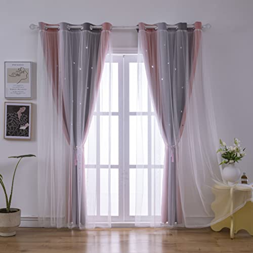 Rainbow Ombre Star Cutouts Blackout Curtains For Girl Kid Nursery Bedroom And Living Room Decor Darken Double Layer Window Cute Grommet Curtains Soundproof Light (Pink Grey 52W X 84L 2- Panels) #TOP4