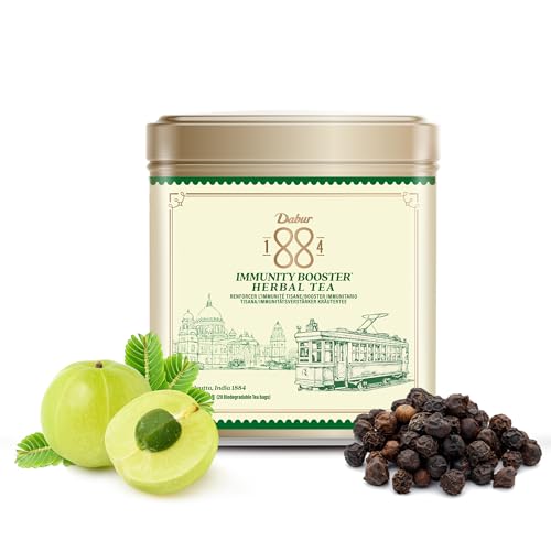 Té de hierbas Dabur 1884 Immunity Booster | 20 bolsitas de té (50 g) | Ingredientes 100% naturales | Lata de aluminio reciclable | Té para aliviar el estrés, mejora el sistema inmunológico Té de hierbas Dabur 1884 Immunity Booster | 20 bolsitas de té (50 g) | Ingredientes 100% naturales | Lata de aluminio reciclable | Té para aliviar el estrés, mejora el sistema inmunológico