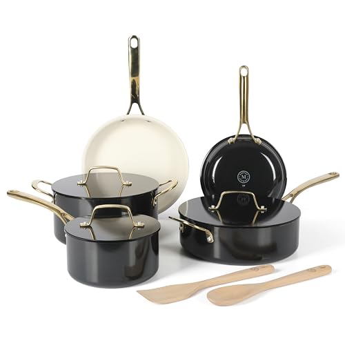 Martha Stewart Galway Premium Nonstick PFA Free Ceramic Interior 10 Piece Heavy Gauge Enamel Aluminum Pots and Pans Cookware Set W/Aluminum Lids - Black W/Gold Handle