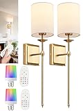 Battery Operated Wall Sconces Set of 2 Two Wireless Sconces Brass Gold Rechargeable Wall Lights Dimmable&RGB Battery Powered Wall Sconce Wall Decor for Bedroom Living Room, Remote Control