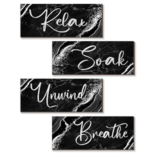 ONIZHITY 4 Pcs Black And Silver Bathroom Decor Wall Signs Relax Soak Unwind Breathe Wooden Rustic Marble Style Bathroom Accessories for Bedroom Living Room Kitchen Decoration(Black Silver 10X4