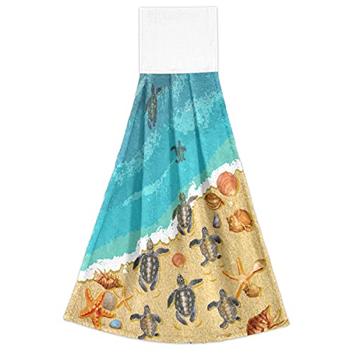Giwawa Sea Turtle Hand Towel Set Of 2, Soft Starfish Seashell Hanging Tie Towels Absorbent Ocean Turtles Dish Towel Fast Drying Beach Theme Bathroom Towel For Kitchen Farmhouse Decor 12X17In #TOP1