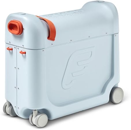 JetKids by Stokke BedBox, Blue Sky - Kid's Ride-On Suitcase & In-Flight Bed - Help Your Child Relax & Sleep on the Plane - Approved by Many Airlines - Best for Ages 3-7