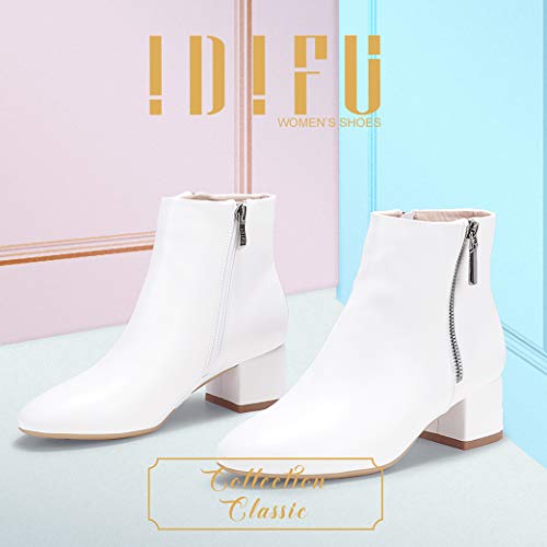 Idifu Women Ring Zipper Ankle Boots 1.8 Inch Low Block Heels Round Toe Dress Booties(5.5, White Pu Classic) #TOP1