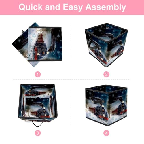 Boîte de rangement pliable cube en tissu Noël Rétro Train pour placard et chambre - 6