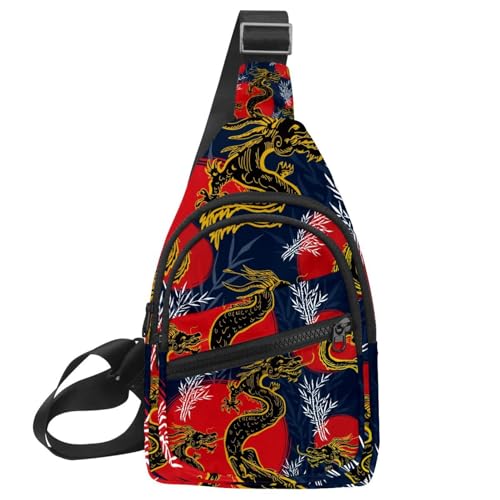 Bolsa de pecho negra y dorada con dragón oriental ideal para caminatas y trabajo