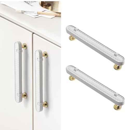 Image of 6 Pack Leather Cabinet Handle Pulls 5 inch Hand-Stitch White Leather Drawer Pulls Dresser Handle Pulls for Cabinets Cupboards Dressers Drawers Bedroom Leather Pulls