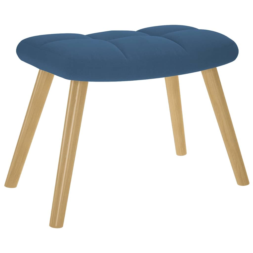 Fotel relaksacyjny z taboretem w kolorze niebieskim, ergonomiczne krzesło wypoczynkowe z podłokietnikami i oparciem, drewniany stelaż metalowy, wysokość siedziska 38 cm, podnóżek jako taboret