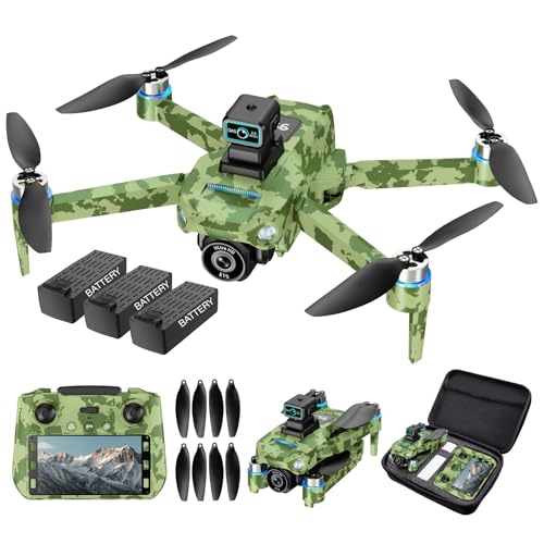 Drone with Camera 4k, GPS HD Drones for Adults, Remote Controller with Screen, Obstacle Avoidance, Brushless Motor FPV, 5G Transmission, 3 Battery, Professional (Army Green)