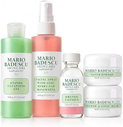 Mario Badescu Essentials 5 Piece Kit, Skincare Gift Set With Drying Lotion, Rose Water Facial Spray, Silver Powder, Enzyme Cleansing Gel and Flower & Tonic Mask