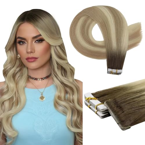 Image of Full Shine Virgin Human Hair Injected Tape in Hair Extensions,22 Inch 25g 10Pcs,Color 2 /18 /22 Brown to Ash Beach Blonde Ombre,Invisible Skin Weft Tape in Extensions for Natural Looking Length