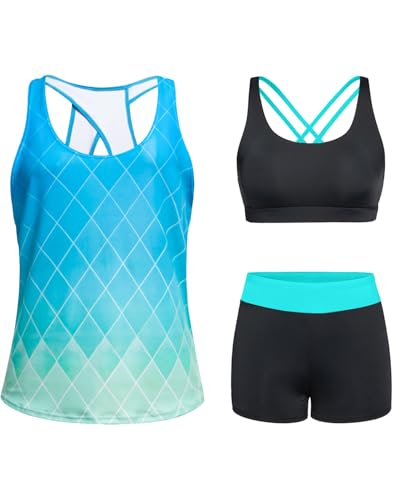 Image of 3 Piece Tankini Long Sleeve Swimsuits Athletic Rash Guard Bathing Suits | Modest,Full Coverage,High Waisted Short,Quick Dry,Criss Cross Back