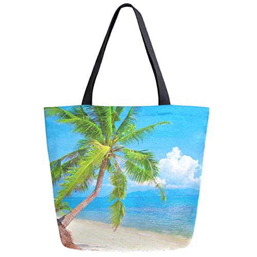 Palm Tree Beach Extra Large Canvas Shoulder Handle Tote Good Storage Bags for School Gym Weekender Beach Travel Reusable Grocery