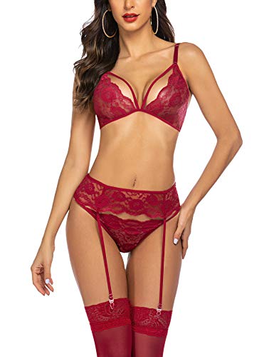 Avidlove Sexy Lingerie for Women Lingerie Set with Garter Belts Lace Teddy Babydoll Bodysuit Nightwear Outfit (Medium, Dark Red)