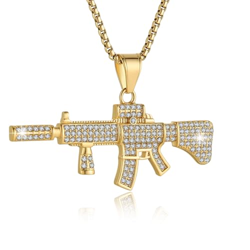 AsAlways AK-47 Rifle Shape Army Style Gun Pendent Inlay CZ Assault Rifle Design Necklace for Hip Hop Men Perfect Military Jewelry Gift