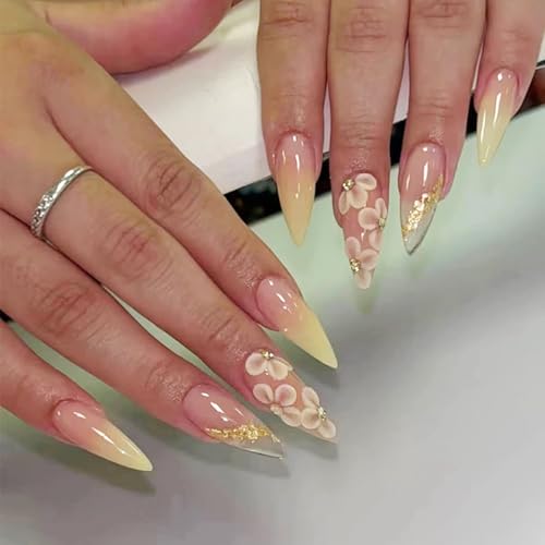 Press on Nails Medium Almond Shape-Glossy Full Cover Acrylic Pointed Almond Yellow False Nails with Floral Designs Artificial Fake Nails with Charms Glue ons Nails Stick on Fingernails for Women