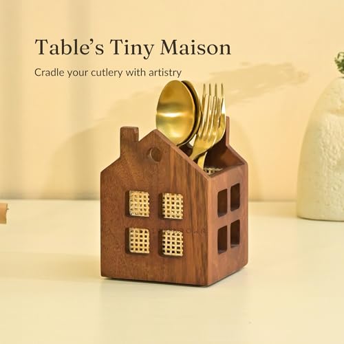 Image of Brick Brown Premium Wooden Maison Cutlery Holder Spoon Stand for Kitchen | Cutlery holder for Dining table | Wooden Caddy Storage Organiser Stand | Caddy Holder(4.5x4.5x5.8 inch)