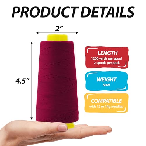 Image of Mandala Crafts Burgundy Mercerized Cotton Thread Cones for Sewing Quilting | 2400 Yds 50 WT, 100% Long Staple Cotton, Multipurpose, for Embroidery, Piecing, Sergers, Applique, Machine and Hand Sewing