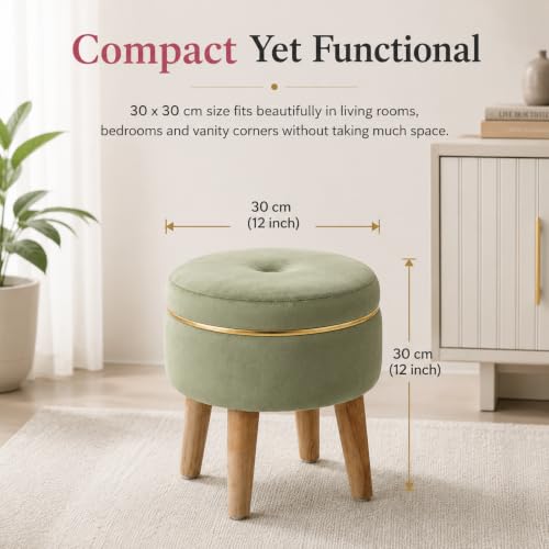 Image of Ottoman Stool for Living Room Foot Rest | Velvet Small Ottoman Foot Stool | Solid Wood Legs | Footstool Puffy for Home, Bedroom & Makeup Table | 30 x 30 cm (12 x 12 Inch) | Light Green
