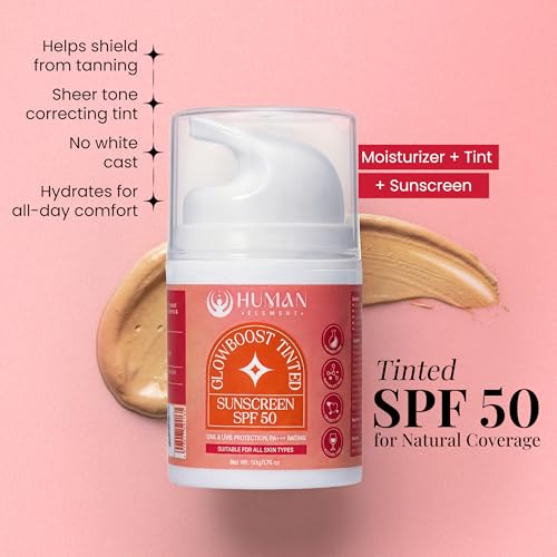 Image of HUMAN ELEMENT GlowBoost Tinted Sunscreen SPF 50 - Broad-Spectrum Sun Protection & Skin Brightening | Niacinamide + Kakadu Plum + Hyaluronic Acid | Lightweight, Non-Greasy, and Hydrating Formula for a Natural Radiant Glow | 50g