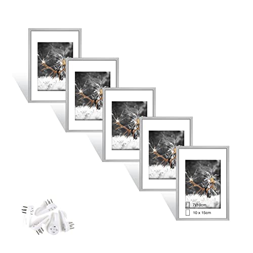 Dmyifan 5er Bilderrahmen 10×15 cm Silber Set, Fotorahmen mit Plexiglas, Hoch- und quer aufhängbarer Rahmen für Fotos. Portraits | Picture Frame