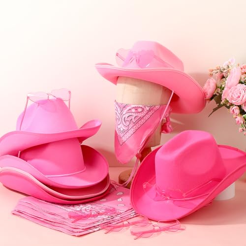Image of Coume 6 Sets Cowboy Hat with Heart Sunglasses and Paisley Bandanas Western Cowgirl Hat for Cosplay Costume Adults(Pink)