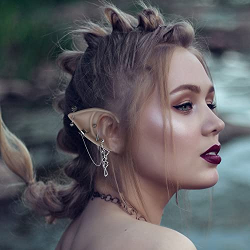 FRESHME Gothic Elf Ears with Piercings - Silver Sterling Rose Skull Punk Earrings with 2 Pairs of Elf Fairy Ears Pixie Elven Ear Cuffs Ear Jewelry Clips Women Christmas Renaissance Halloween Custome Cosplay by FRESHME - Image 2