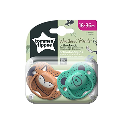 Tommee Tippee Moda Pacifiers, Symmetrical Design, Bpa-Free Silicone Binkies, 18-36M, 2-Count, Woodland Friends #TOP6