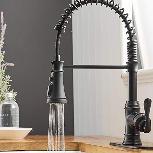 Bwe Kitchen Sink Faucet With Deck Plate Matte Black With Pull Down Sprayer 3 Spray Modes Single Handle Singe Lever High Arc Kitchen Faucet Lead-Free Farmhouse Commercial Bar Kitchen Faucets #TOP2