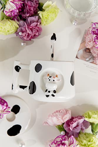 Image of DIHOclub Adorable 3D Ceramic Cow Mug with Lid and Spoon - Perfect for Coffee, Tea, Milk, and More - Ideal Gift for Animal Lovers Gift for Mather- 14 Ounces(BLack white)