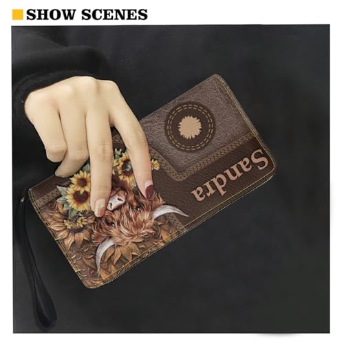 Image of Bulopur Womens Wallet Wristlet Custom Name Sunflower Highland Cow Print Slim Purse Wallet Small Wallets For Women Coin Purse Id Card Holder Clutch RFID Long Wallets With Slots Zipper Around