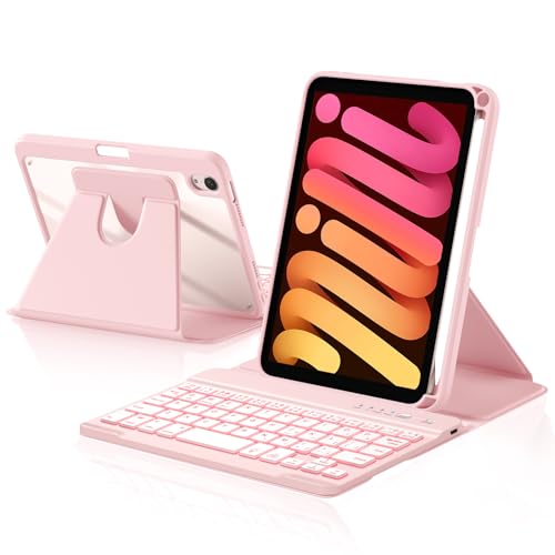 Harvopu iPad mini 7 A17 Pro/6����L�[�{�[�h�P�[�X 2024/2021 8.3�C���`�p 360°��] �N���A�o�b�N�J�o�[ 7�F�o�b�N���C�g�t�����O���\�ȃL�[�{�[�h �y���V���z���_�[ iPad mini ��7����/��6����p 