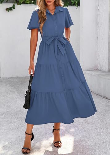 Image of KIRUNDO Summer Button Down Wedding Guest Shirt Dresses for Women Maxi Flutter Short Sleeve Flowy Tiered Beach Sun Dress