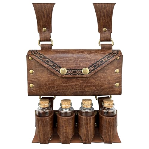HiiFeuer Mittelalterliche Alchemie Kunstleder Gürteltasche mit 4 Kork Zaubertrank Fläschchen Fantasy Wizard Hüfttasche Side Pack für Halloween (Hellbraun A)