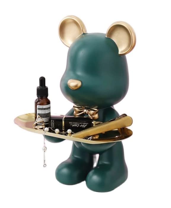 Dubai Decoration - Modern Resin Bear Figurine Statue with Decorative Storage Tray (Size: 18x15.5x24cm). (Green)