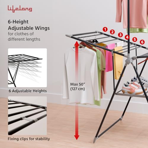 Image of Lifelong Foldable Clothes Drying Stand | Heavy-Duty Alloy Steel Laundry Rack for Balcony & Indoor Use | Multi-Level Cloth Hanger with Rods & Shelves | Rust-Resistant | Drying Stand Rack